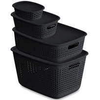 4X Pojemnik Plastikowe Ażurowe Pudełko Z Pokrywą Pojemniki Box 0,8L, 3,5L, 10L, 17L Antracytowe