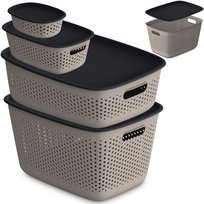 4X Pojemnik Plastikowe Ażurowe Pudełko Z Pokrywą Pojemniki Box 0,8L, 3,5L, 10L, 17L Jasnobrązowe
