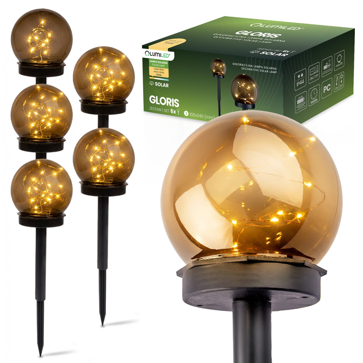 6x Lampa Solarna Ogrodowa LED 3000K IP44 10cm Wbijana Ozdobna Kula Dekoracyjna GLORIS LUMILED