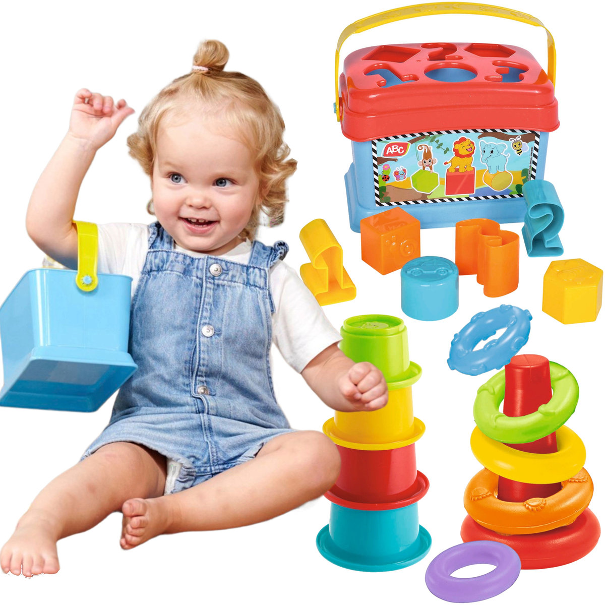 ABC Koszyk z pokrywką Zestaw Sorter z klockami + wieża i piramidka ...