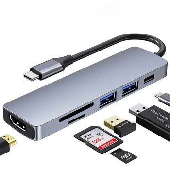 Adapter Przejściówka Rozdzielacz Ze Złącza Usb Typ C (Męski) Na Hdmi (Żeński) 4K 60Hz / Usb 3.0 (Żeński) / Usb 2.0 (Żeński) / Usb Typ-C Pd 87W + Czytnik Kart Sd / Micro Sd Srebrny - Bestphone