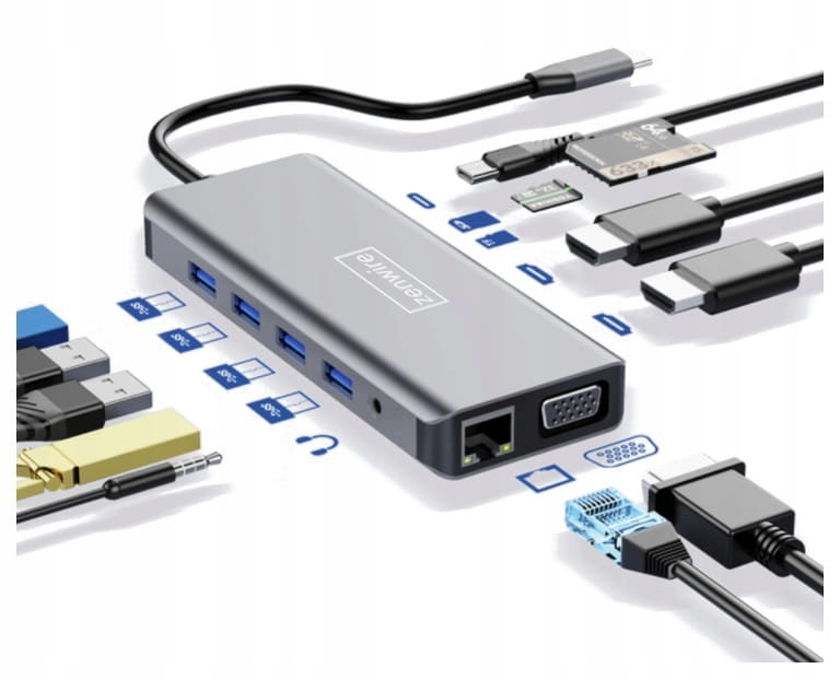 Фото - Кардридер / USB-хаб Adapter, Zenwire, Hub 12W1 USB-C 2X HDMI VGA USB Jack SD LAN