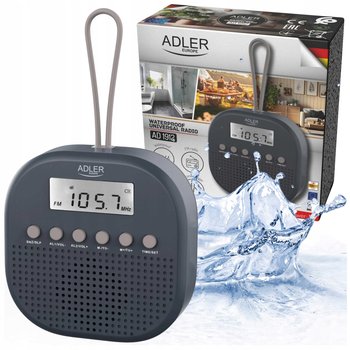 ADLER AD1912 Wodoodporne Radio FM IPX4 z Zegarem i Podwójnym Alarmem, Siwy Kolor, Zasilanie na Baterie AAA, Elastyczny Silikonowy Wieszak, Kompaktowe Wymiary 10x6x3 cm - Adler