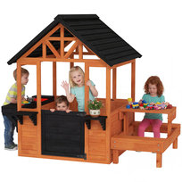 AIYAPLAY Drewniany domek do zabawy dla dzieci na zewnątrz ze stołem, ławką, zlewem, oknem, domek ogrodowy dla chłopców i dziewczynek w wieku 3-8 lat, jasnobrązowy