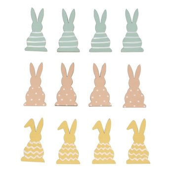 AKCESORIA DO DEKORACJI: Drewniane miniatury królików, 2x4cm, z kropką samoprzylepną, saszetka z zakładkami 12szt., kolorowa - Inny producent