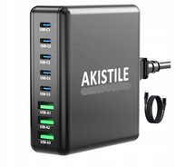 Akistile GaN 100 W Ładowarka USB C 8-Portowa z Kabelkiem ładującym czarny