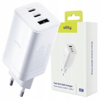 Allity ładowarka sieciowa GaN PD QC ATC-01-65WACC 2x USB-C + 1x USB-A 65W biała - Allity