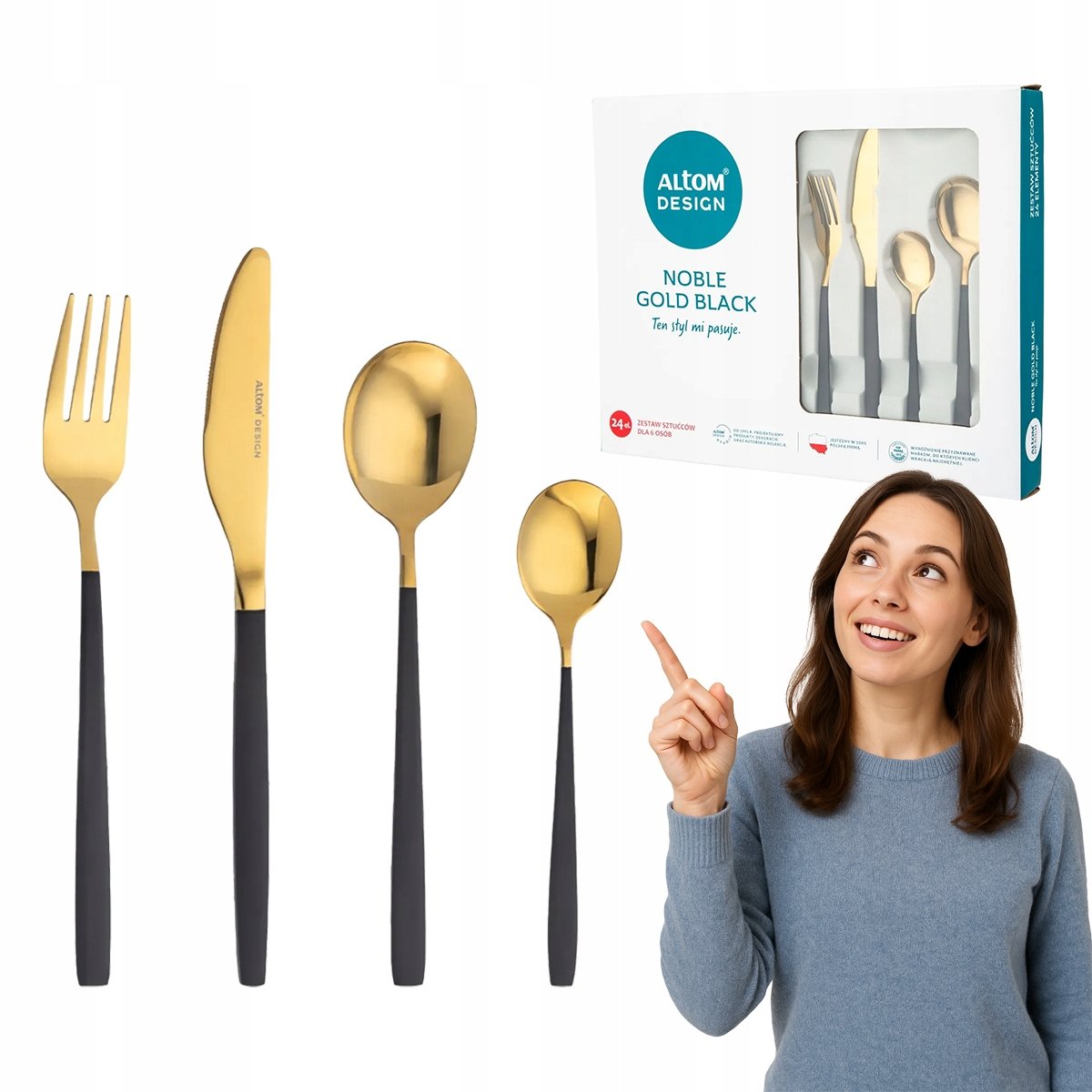 Altom, Sztućce komplet w pudełku flok, 24 szt, noble gold, czarne ...