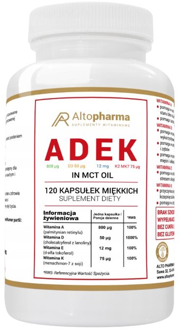 Фото - Вітаміни й мінерали Forte Suplement diety, AltoPharma, ADEK  A,D3,E,K2 MK-7 in MCT, 120 kapsułe 