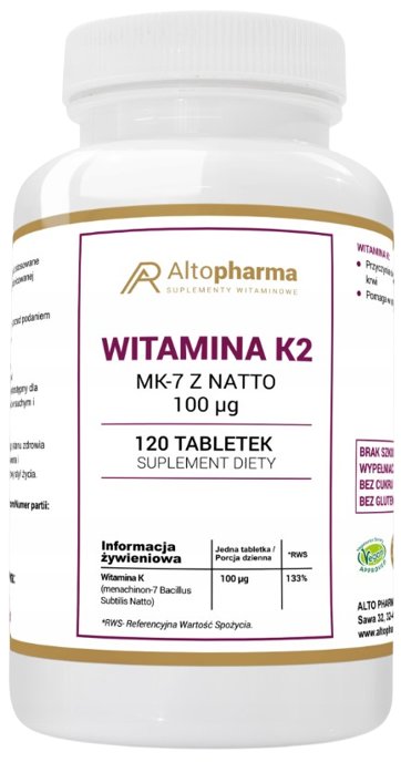Фото - Вітаміни й мінерали K2 Suplement diety, AltoPharma, Witamina  MK-7 100µg z NATTO, 120 tab. 