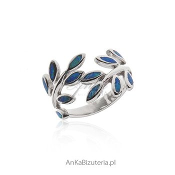 AnKa Biżuteria, Pierścionek srebrny z niebieskim opalem  - listek - AnKa Biżuteria