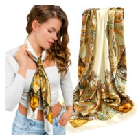 Apaszka Chusta Satynowa Beżowa  Duża pod Szyję do Włosów Lekka Z Połyskiem