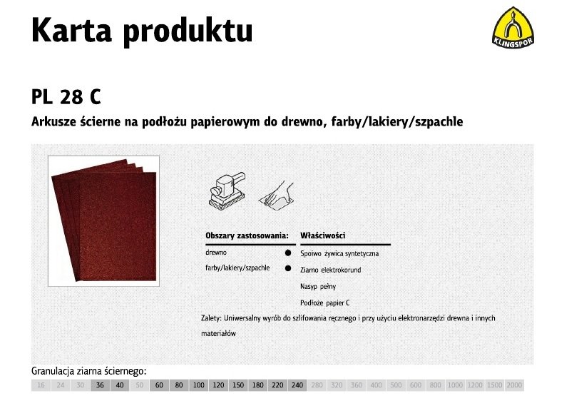 Arkusze ścierne na podłożu papierowym KLINGSPOR, 230 mm, 280 mm, gr.240 /50szt.