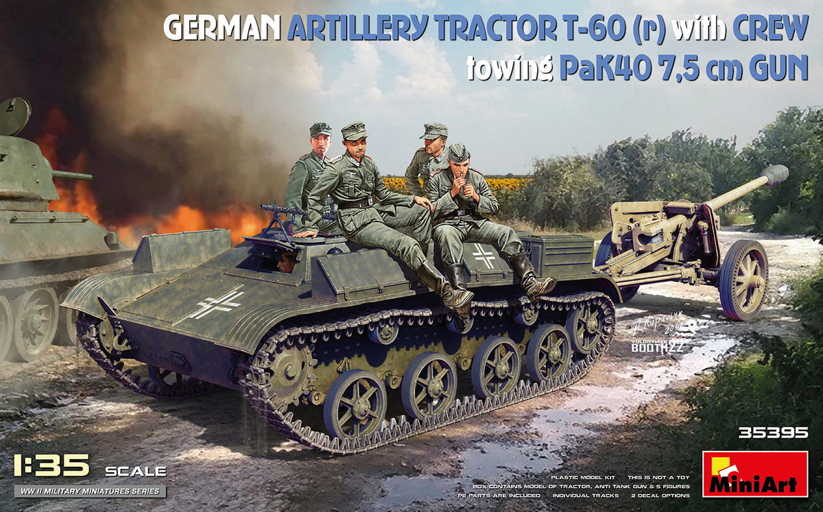 Artillery Tractor T-60(r) w/Crew, Towing PaK40 7.5cm Gun 1:35 MiniArt ...