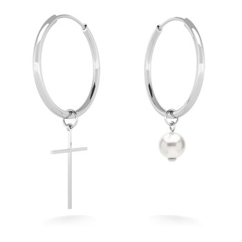 Asymetryczne kolczyki koła 2,5 cm z białą perłą GAVBARI i krzyżykiem, srebro 925 : Srebro - kolor pokrycia - Pokrycie platyną - GIORRE