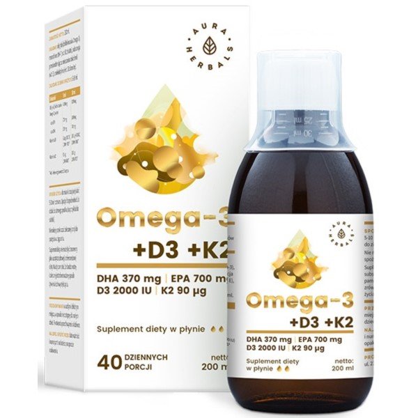 Фото - Вітаміни й мінерали Aura Suplement diety,  Herbals, Omega-3 + D3 + K2MK7, 200 ml 
