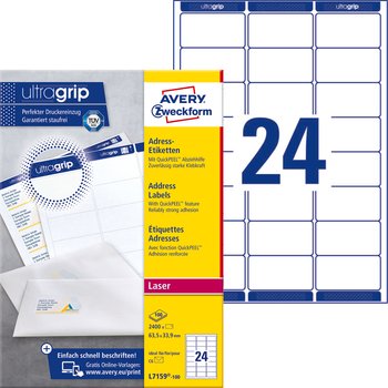 Avery Zweckform, etykiety adresowe A4, 63,5 x 33,9 mm, białe, 2400 etykiet - AVERY Zweckform