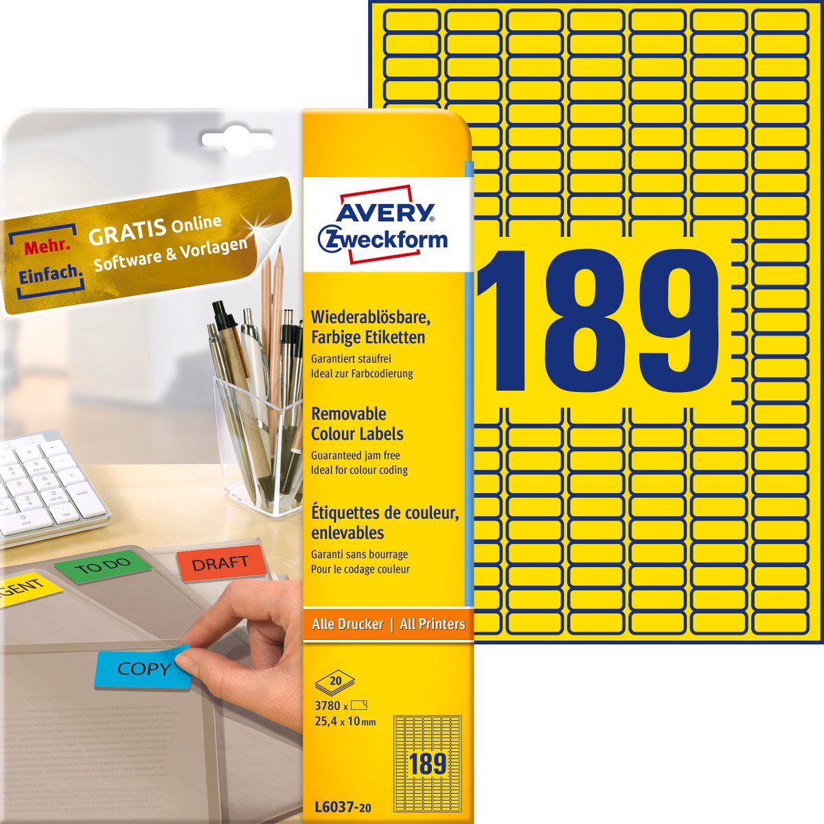 Zdjęcia - Naklejki i kartki Avery Zweckform , etykiety usuwalne kolorowe A4, 25,4 x 10 mm, żółte, 3780 