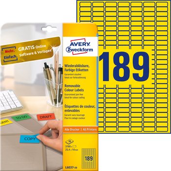 Avery Zweckform, etykiety usuwalne kolorowe A4, 25,4 x 10 mm, żółte, 3780 etykiet - AVERY Zweckform
