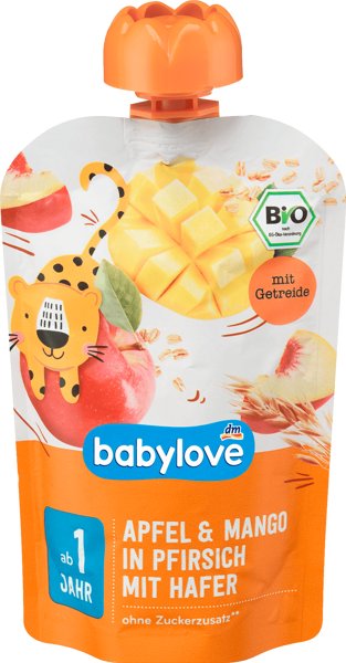 Фото - Дитяче харчування Babylove , Bio, Mus owocowy, Brzoskwinia, Jabłka, Mango i Owies, 100 g 
