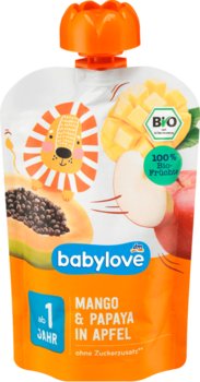 Babylove, Bio, Mus owocowy, Mango, Papaja i Jabłko, 100 g - Babylove