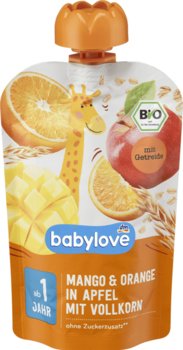 Babylove, Bio, Mus owocowy, Mango, Pomarańcza, Jabłka i Zboża, 100 g - Babylove