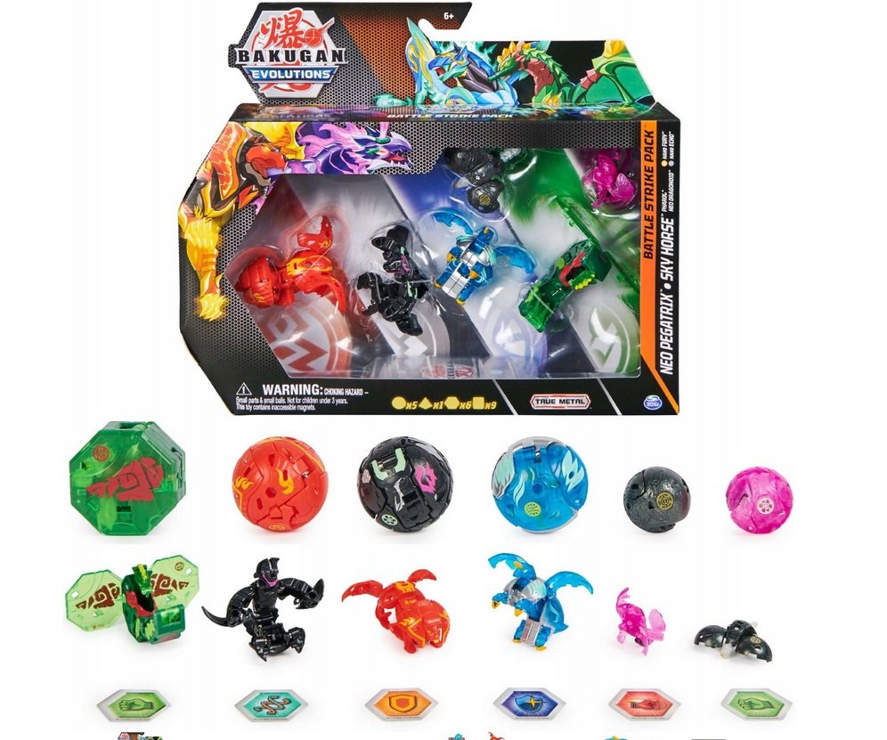 BAKUGAN 'Evolutions' Battle Strike Confezione da 6 con 1 pallina Platinum (Pyrus Sectanoid), 2 palline Basic (Aurelus Dragonoid, Haos Hydorous), 1 Geogan (Darkus Badadrill) e 2 Nanogan (Darkus Fury, : BAKUGAN