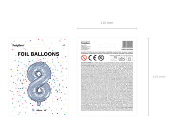 Balon foliowy, Cyfra 8, 35 cm, holograficzny - PartyDeco