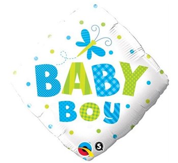 Balon foliowy, grochy i ważka - Baby Boy, 18", biało-niebieski - Qualatex