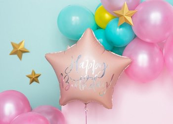 Balon foliowy happy birthday, jasnoróżowy, 40 cm - PartyDeco