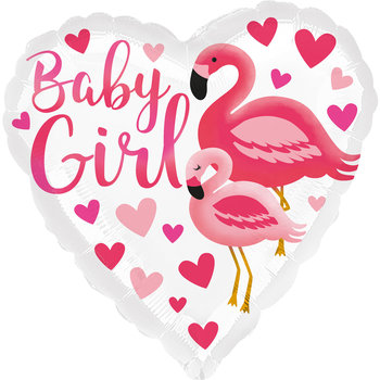 Balon foliowy, serce, Flamingo Baby Girl, biało-różowy, 45 cm, 1 sztuka