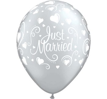 Balon, Just Married i serca, 11", kremowy, 6 sztuk - Qualatex