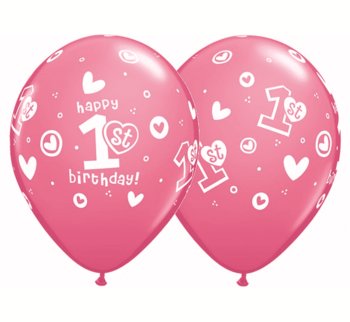 Balon pastelowy, 11", 1st Happy Birthday, różowy, 25 sztuk - Qualatex