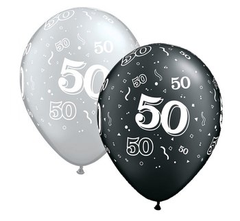 Balony, "50", 18", czarno- srebrny mix, 25 sztuk - Qualatex