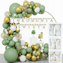 BALONY Białe Złote Zielone Zestaw Baner I Komunia Święta Pudełka Ozdoby