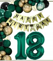 Balony Dekoracje Na Urodziny Cyfra 18 Lat Zielone Złote Czarne