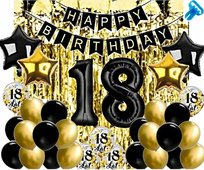 BALONY GIRLANDA CZARNO ZŁOTA ZESTAW NA 18 URODZINY KURTYNA OSIEMNASTKA