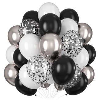 Balony lateksowe srebrno czarne Gotowy Zestaw Urodzinowy Sylwestra Karnawał - Szafran Limited