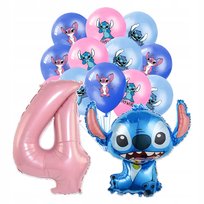BALONY LILO STITCH ZESTAW NA URODZINY STICH 84 X 79 CM CYFRA 4 RÓŻOWA 14SZT