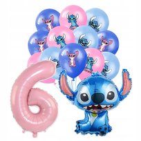 BALONY LILO STITCH ZESTAW NA URODZINY STICH 84 X 79 CM CYFRA 6 RÓŻOWA 14SZT