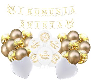 Balony na Komunię Świętą biało złote IHS baner Komunijne kompletny Zestaw Dekoracje - Szafran Limited