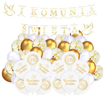 Balony na Komunię Świętą biało złote z Girlanda IHS Zestaw Balonów Białe Dekoracje - Szafran Limited