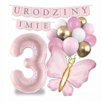 BALONY na urodziny zestaw dekoracji na 3 latka MOTYL napis + IMIĘ