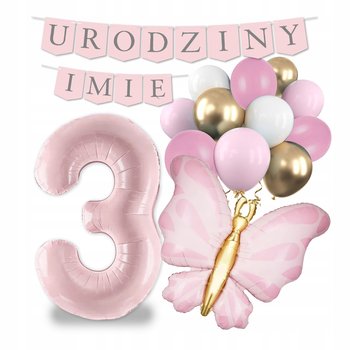 BALONY na urodziny zestaw dekoracji na 3 latka MOTYL napis + IMIĘ - Inna marka