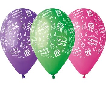 Balony Premium, 12", W Dniu Urodzin, różnokolorowe, 5 sztuk - Gemar