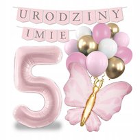 Balony zestaw dekoracji na urodziny balon cyfra 5 motyl NAPIS + IMIĘ