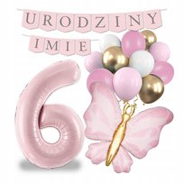 Balony zestaw dekoracji na urodziny balon cyfra 6 motyl NAPIS + IMIĘ