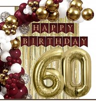 Balony Złote Bordowe Dekoracje Kurtyna Baner Na Urodziny Cyfra 60 Lat