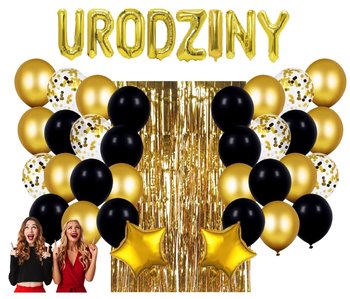 Balony złote Urodziny Gotowy Zestaw balonów ścianka kurtyna Napis Dekoracje czarne - Szafran Limited