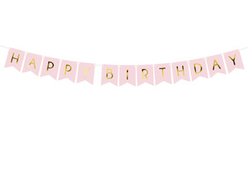 Baner Happy Birthday, jasny różowy, 15 x 175 cm - PartyDeco